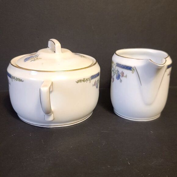 Hutschenreuther Selb HUT6 Floral & Swag Flat Sugar & Creamer Set 1920's Antique - Picture 5 of 10